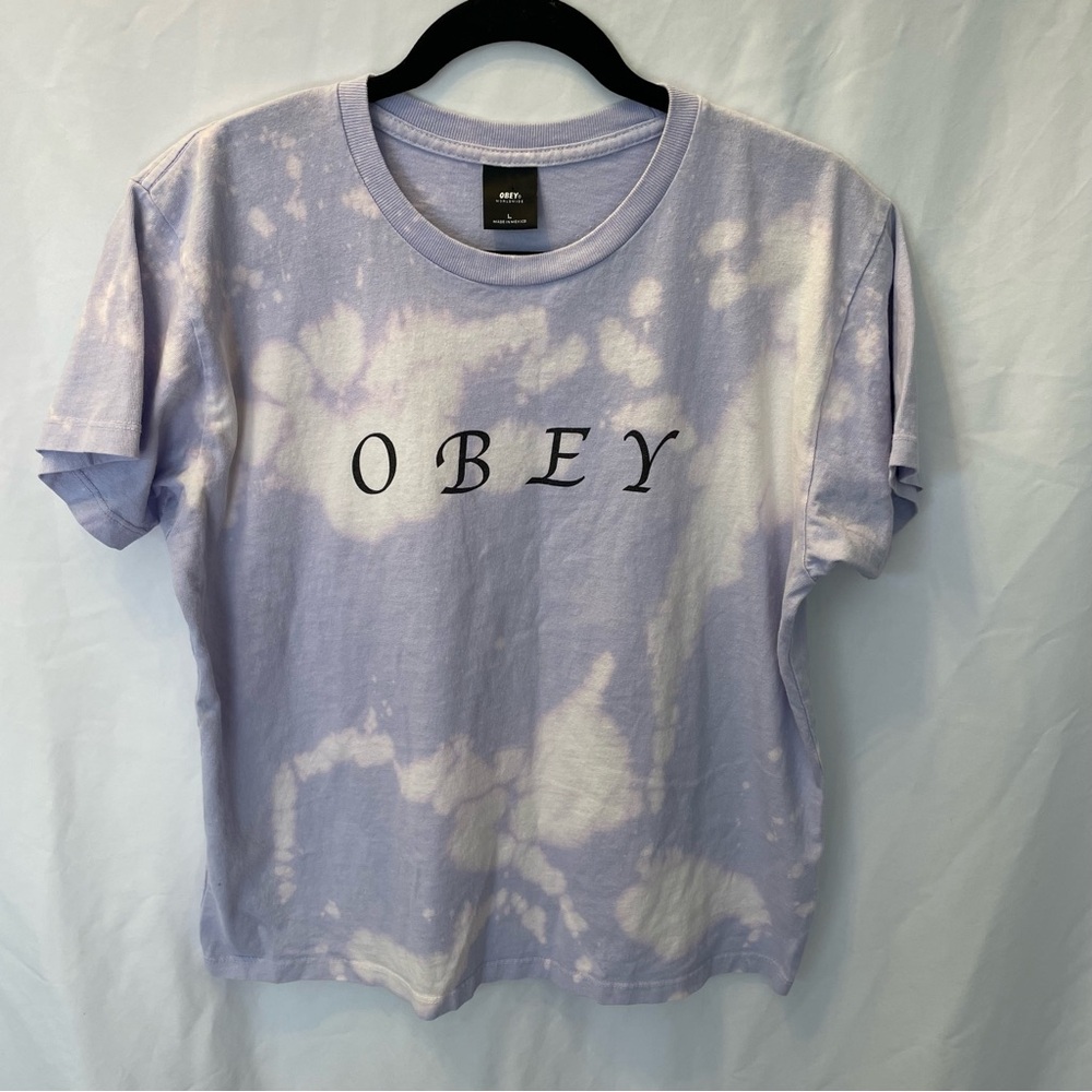 OBEY Lilac Tie-Dye Logo Graphic Tee Women’s Large Streetwear Casual Basic Tee